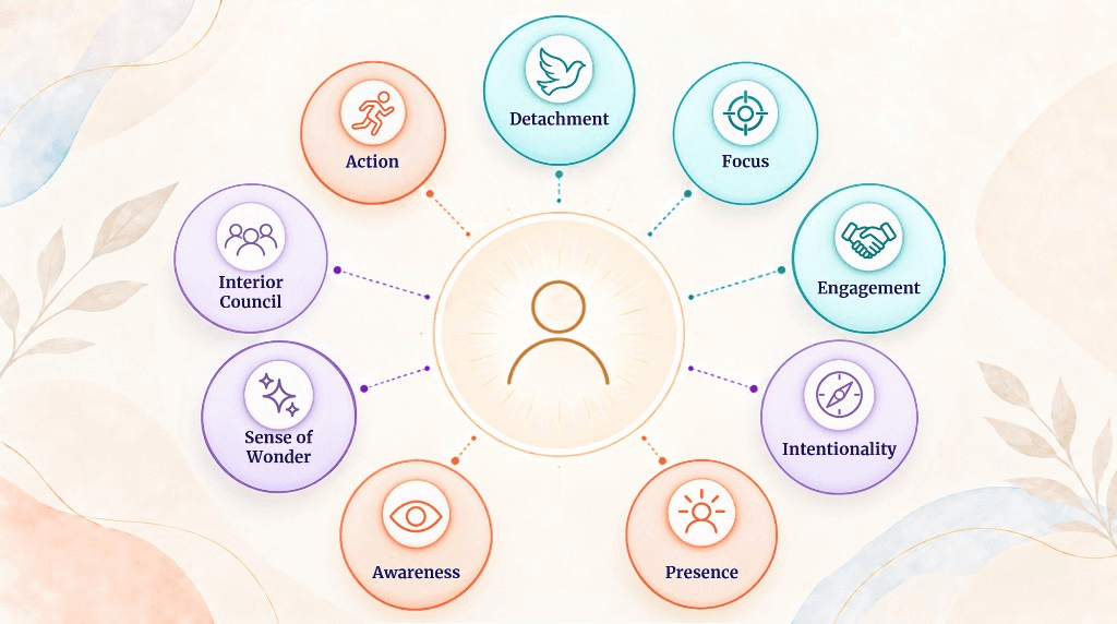 The Nine Disciplines: Detachment, Focus, Engagement, Interior Council, Sense of Wonder, Intentionality, Awareness, Presence and Action, arranged around a central human figure.
